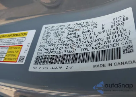 2023 Honda Civic Sport from USA, damaged, VIN 2HGFE2F5XPH518957